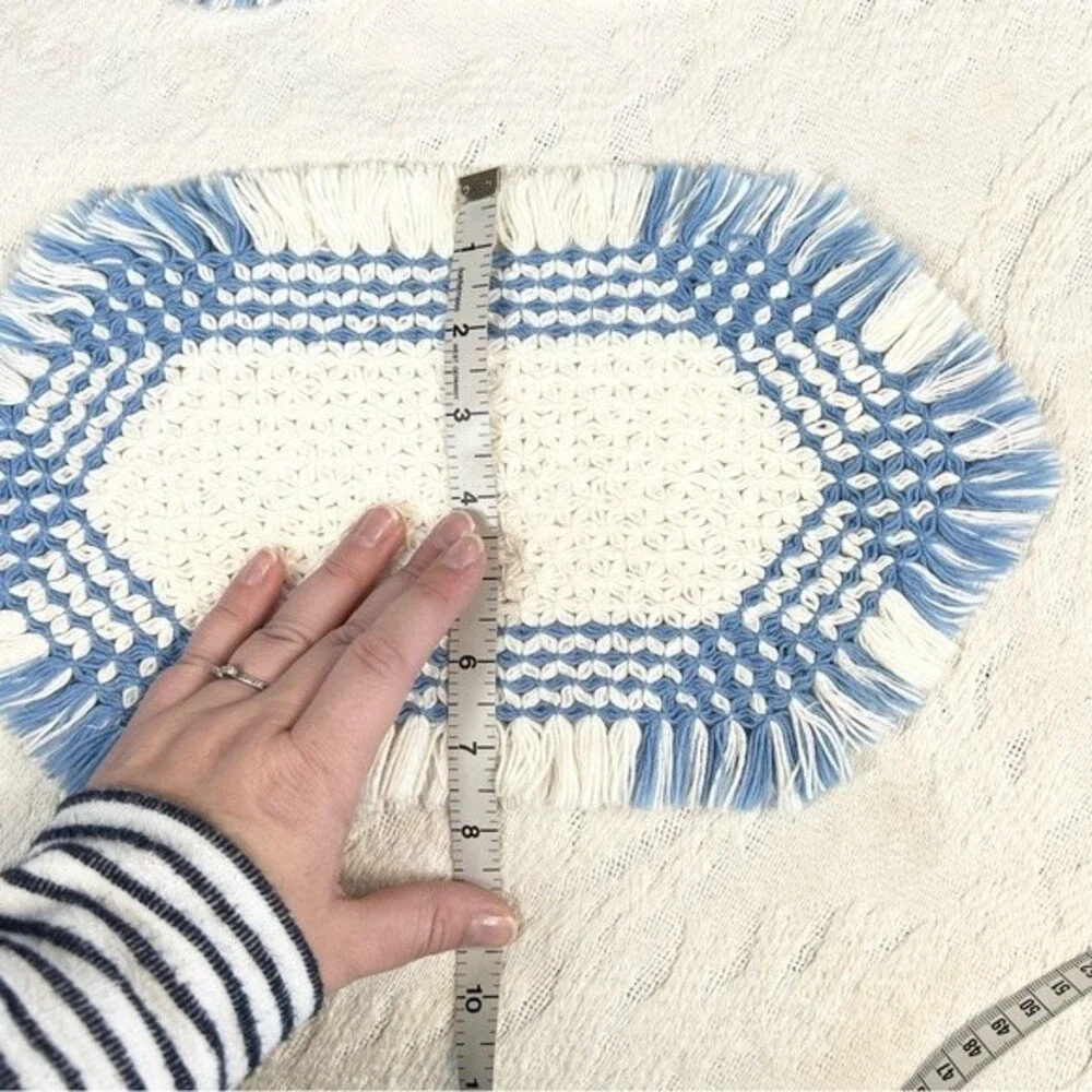 Vintage Woven Fringe Hot Pads Set of Three White and Blue Yarn Potholders Trivet